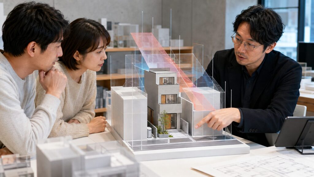 狭小住宅の境界距離や斜線制限を模型で確認する設計士と日本人夫婦