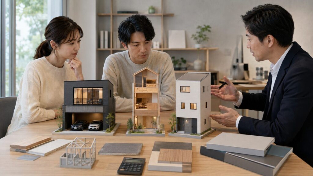 鉄骨・木造・コスト重視の狭小住宅模型を比較する日本人夫婦