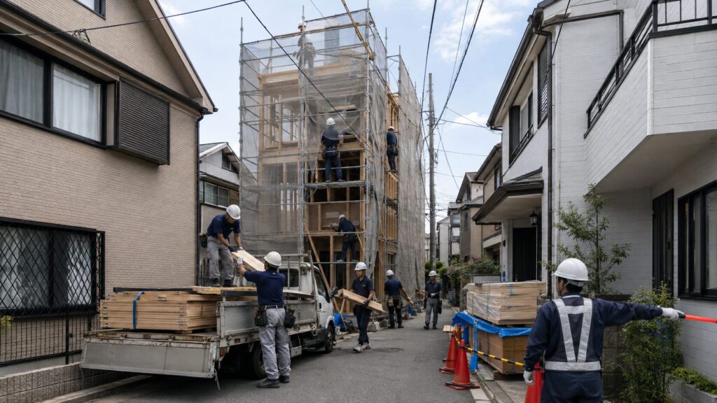 狭い道路と隣家に囲まれた狭小住宅の建築現場で資材を運ぶ作業員