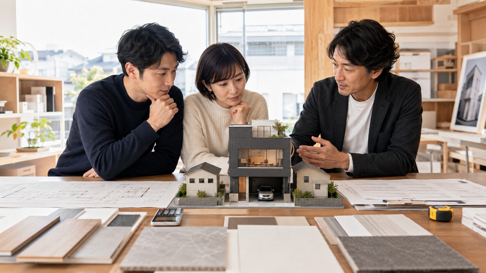 狭小住宅の模型を前にハウスメーカー選びを相談する日本人夫婦と設計士
