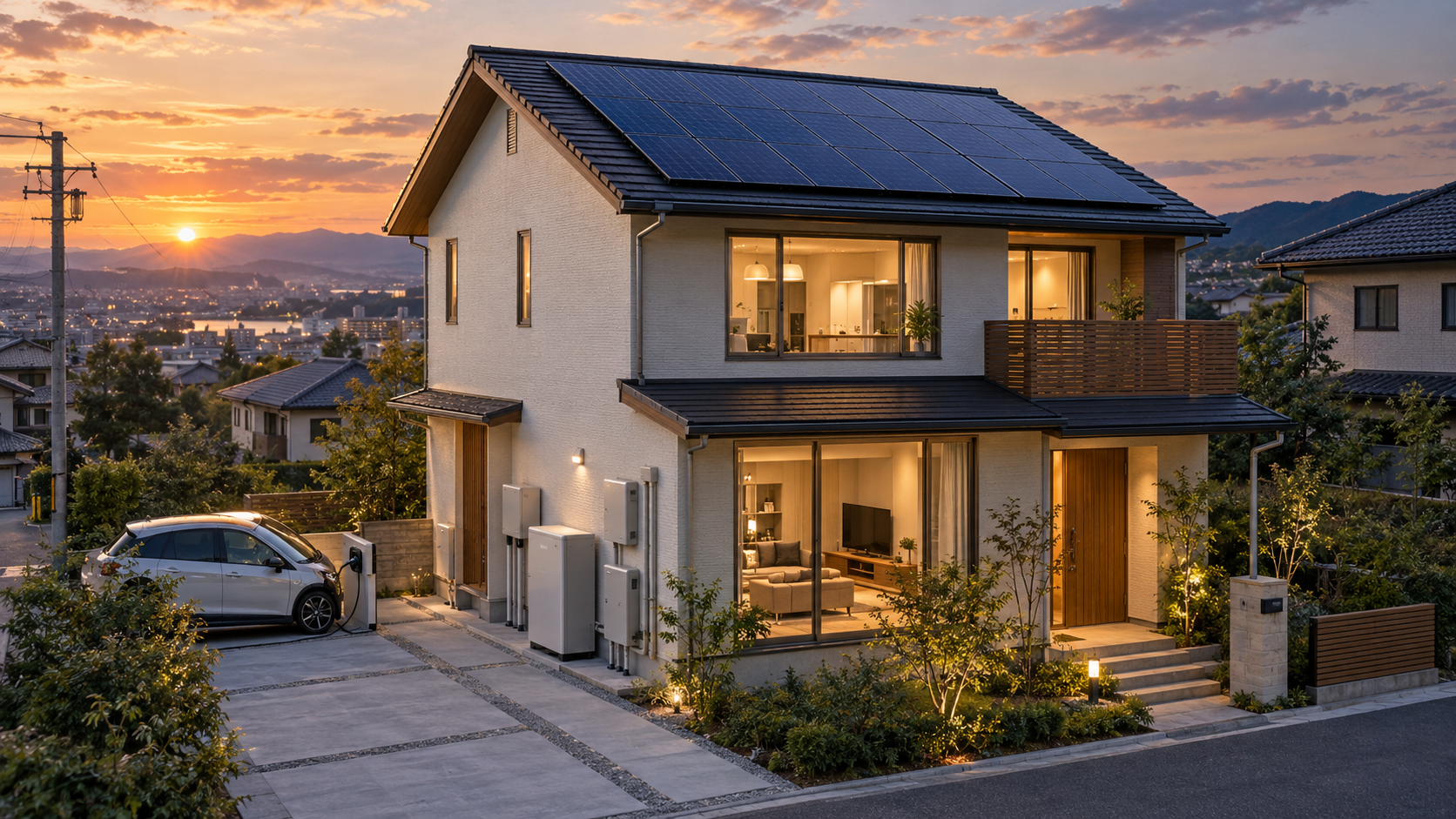 太陽光パネルと蓄電池、EV充電設備を備えた住宅で発電・自家消費・蓄電をイメージした一条工務店の太陽光発電と蓄電池の解説画像