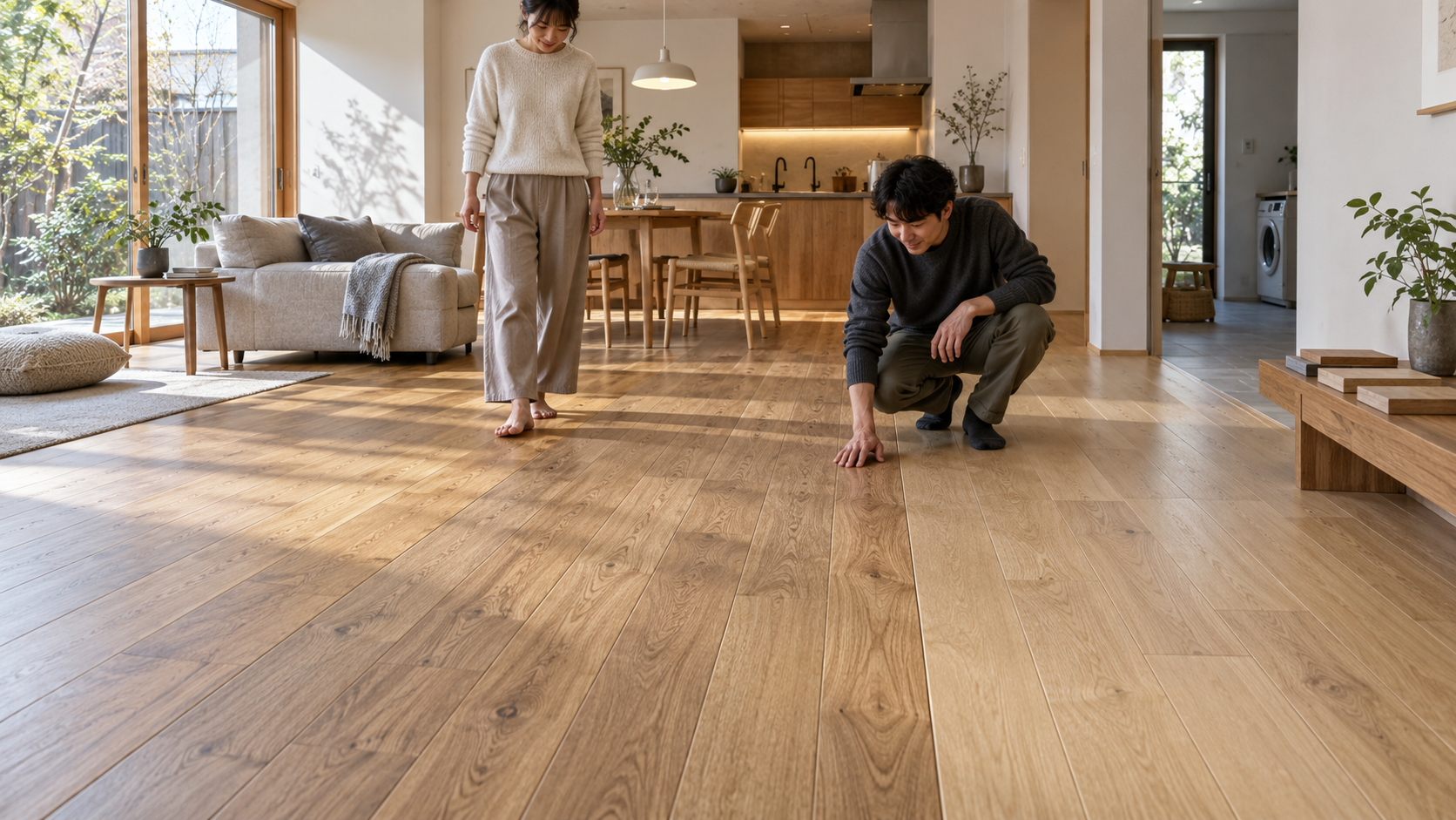 木質フローリングを素足で歩いて触れながら、無垢・挽板・突板の見た目や足触りを比較するイメージ