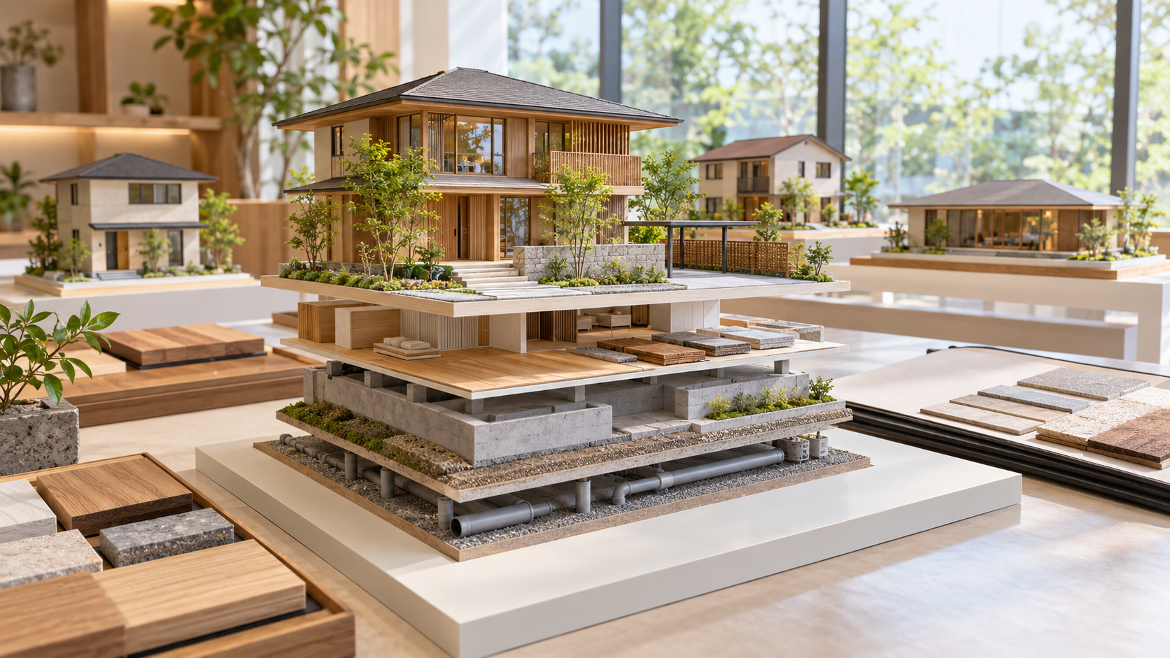 木造住宅の模型と基礎・外構・設備の層を分けて、住友林業の坪単価と建築総額の内訳を表現したイメージ