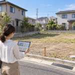 住宅用地を見ながら、土地の広さと建てられる家、総予算の配分を検討する夫婦のイメージ