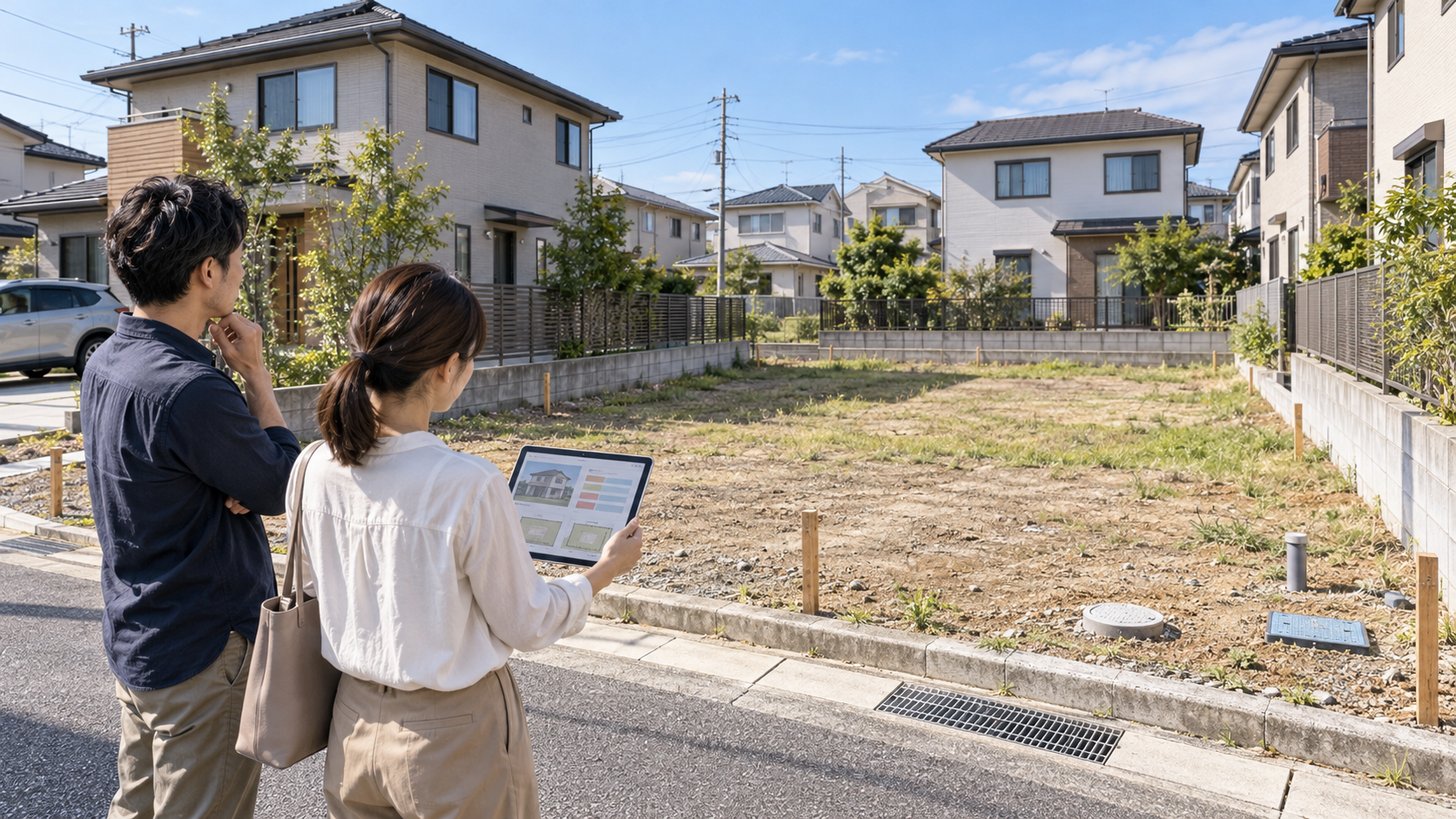 住宅用地を見ながら、土地の広さと建てられる家、総予算の配分を検討する夫婦のイメージ