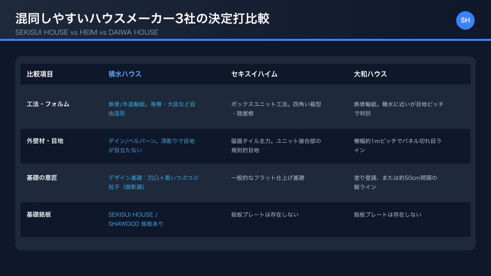 積水ハウス、セキスイハイム、大和ハウス(ダイワハウス)の工法・外壁目地・基礎の意匠・銘板の違いを示す比較表画像
