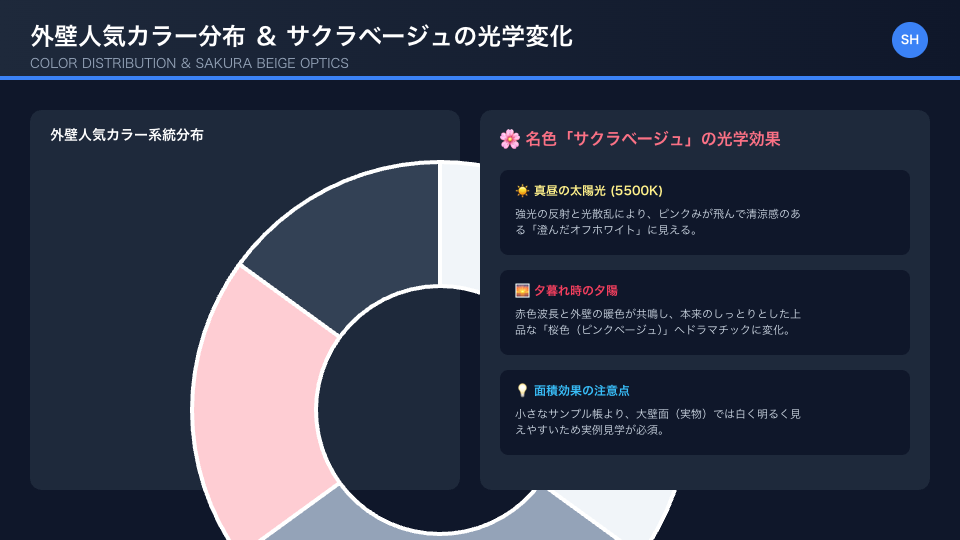 積水ハウスの外壁人気カラー比率と名色サクラベージュの太陽光・夕顔時の光学変化の解説インフォグラフィック